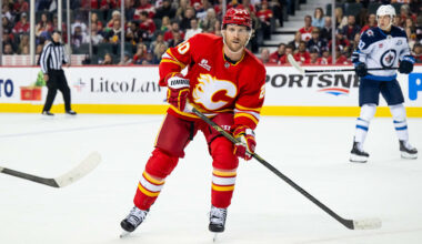 Oct 20, 2025; Calgary, Alberta, CAN; Calgary Flames left wing Blake Coleman (20) in action against the Winnipeg Jets during the first period at Scotiabank Saddledome. Mandatory Credit: Brett Holmes-Imagn Images