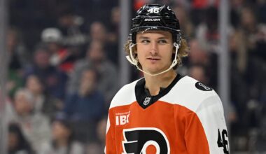 Oct 18, 2025; Philadelphia, Pennsylvania, USA; Philadelphia Flyers center Trevor Zegras (46) against the Minnesota Wild at Wells Fargo Center. Mandatory Credit: Eric Hartline-Imagn Images