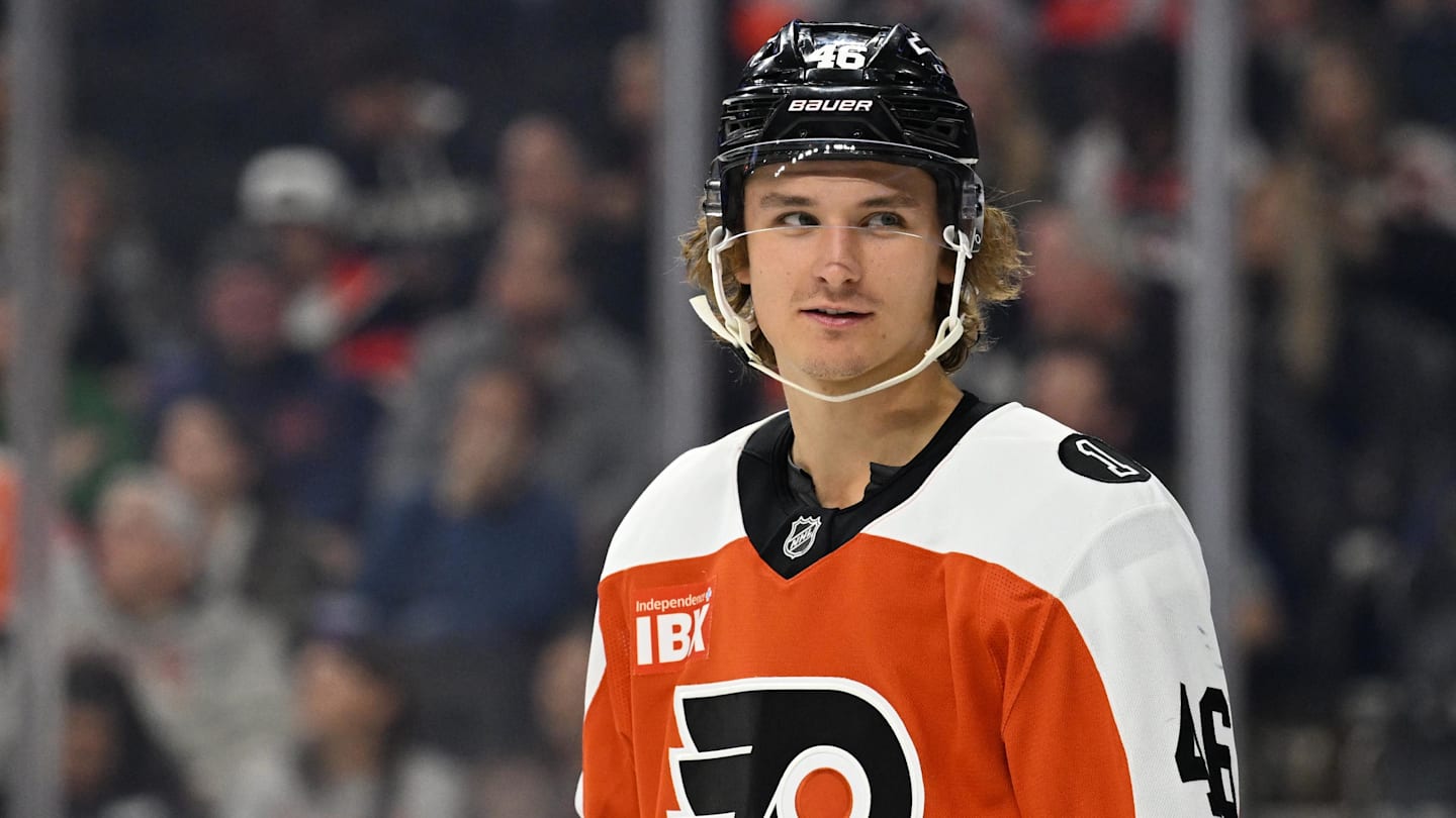 Oct 18, 2025; Philadelphia, Pennsylvania, USA; Philadelphia Flyers center Trevor Zegras (46) against the Minnesota Wild at Wells Fargo Center. Mandatory Credit: Eric Hartline-Imagn Images