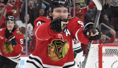 Nov 26, 2025; Chicago, Illinois, USA; Chicago Blackhawks center Connor Bedard (98) celebrates his gaol against the Minnesota Wild during the second period at United Center. Mandatory Credit: David Banks-Imagn Images