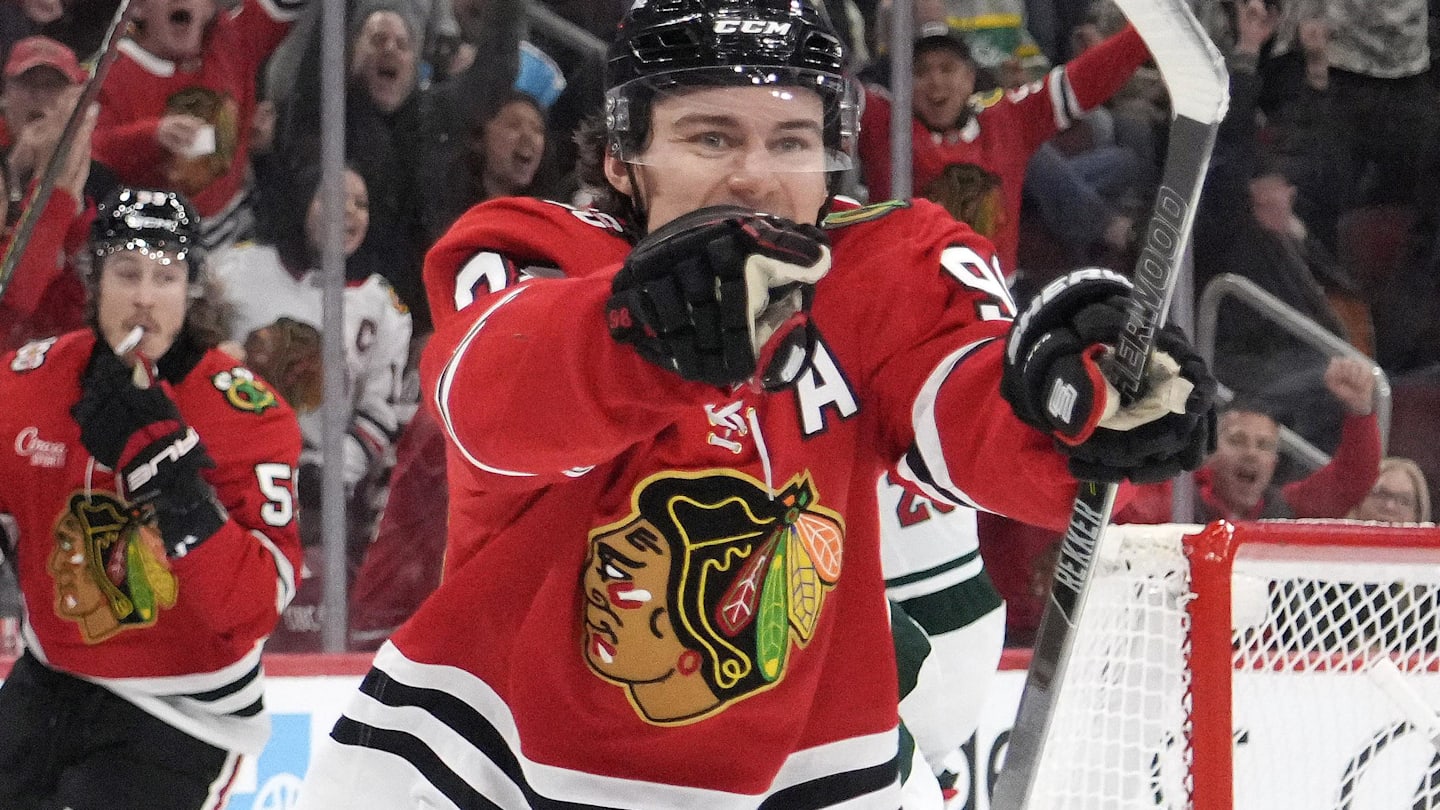 Nov 26, 2025; Chicago, Illinois, USA; Chicago Blackhawks center Connor Bedard (98) celebrates his gaol against the Minnesota Wild during the second period at United Center. Mandatory Credit: David Banks-Imagn Images