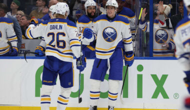 Mar 6, 2025; Tampa, Florida, USA; Buffalo Sabres center Tage Thompson (72) is congratulated by defenseman Rasmus Dahlin (26) after he scored a goal against the Tampa Bay Lightning during the second period at Amalie Arena. Mandatory Credit: Kim Klement Neitzel-Imagn Images
