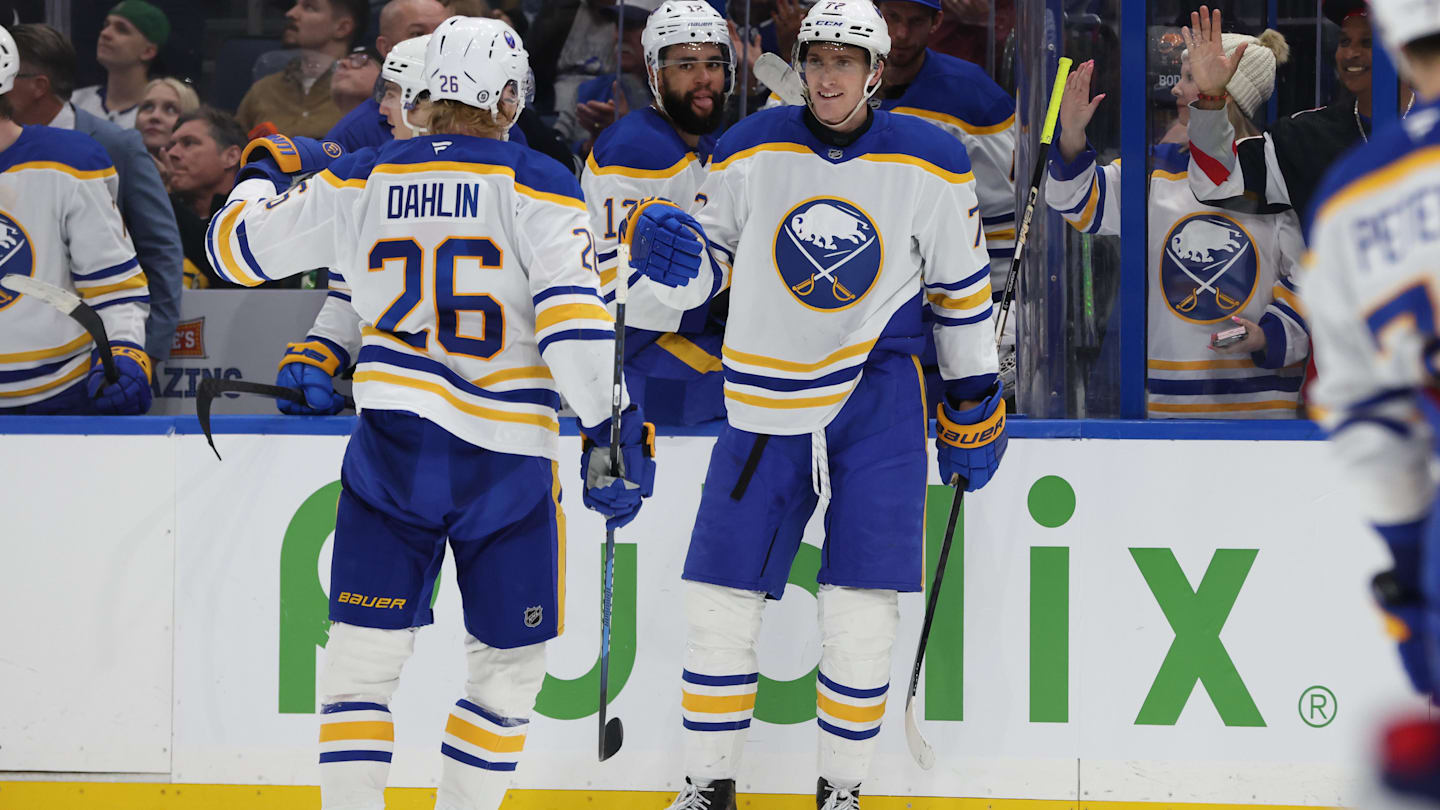 Mar 6, 2025; Tampa, Florida, USA; Buffalo Sabres center Tage Thompson (72) is congratulated by defenseman Rasmus Dahlin (26) after he scored a goal against the Tampa Bay Lightning during the second period at Amalie Arena. Mandatory Credit: Kim Klement Neitzel-Imagn Images