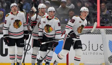 Dec 4, 2025; Los Angeles, California, USA;  Chicago Blackhawks center Connor Bedard (98) skates to the bench after scoring a goal during the second period against the Los Angeles Kings at Crypto.com Arena. Mandatory Credit: Jayne Kamin-Oncea-Imagn Images