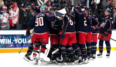 The Columbus Blue Jackets celebrate their win over the Detroit Red Wings on Thursday night.