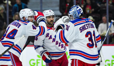 Dec 4, 2025; Ottawa, Ontario, CAN; New York Rangers players gather around goalie Igor Shesterkin (31) to celebrate their win against the Ottawa Senators at Canadian Tire Centre. Mandatory Credit: David Kirouac-Imagn Images
