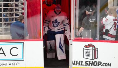 Dec 4, 2025; Raleigh, North Carolina, USA; Toronto Maple Leafs goaltender Joseph Woll (60) comes out of the locker room for the warmups before the game against the Carolina Hurricanes at Lenovo Center. Mandatory Credit: James Guillory-Imagn Images