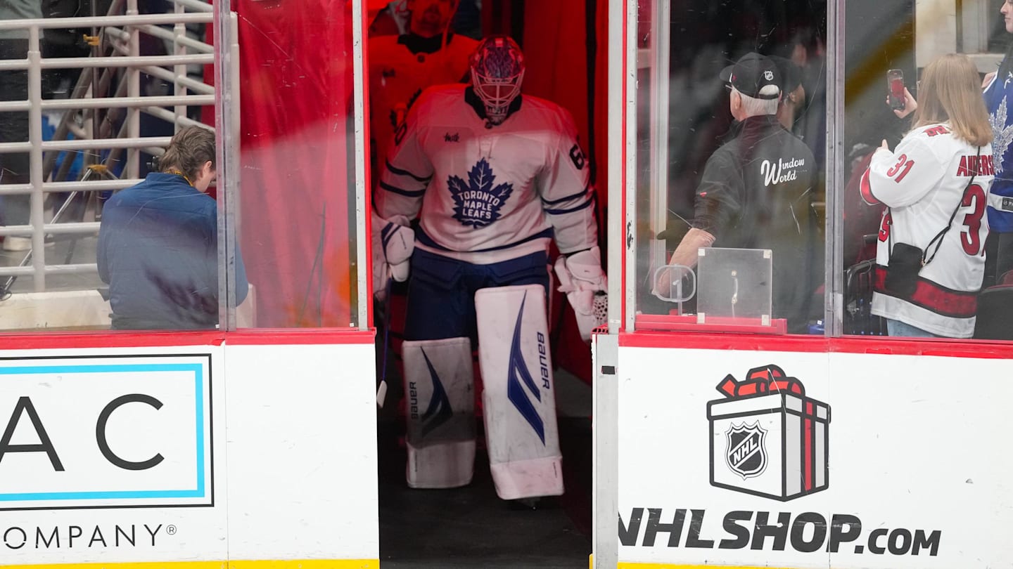 Dec 4, 2025; Raleigh, North Carolina, USA; Toronto Maple Leafs goaltender Joseph Woll (60) comes out of the locker room for the warmups before the game against the Carolina Hurricanes at Lenovo Center. Mandatory Credit: James Guillory-Imagn Images