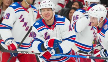 Nov 26, 2025; Raleigh, North Carolina, USA; New York Rangers left wing Artemi Panarin (10) smiles after scoring a goal against the Carolina Hurricanes during the second period at Lenovo Center. Mandatory Credit: James Guillory-Imagn Images