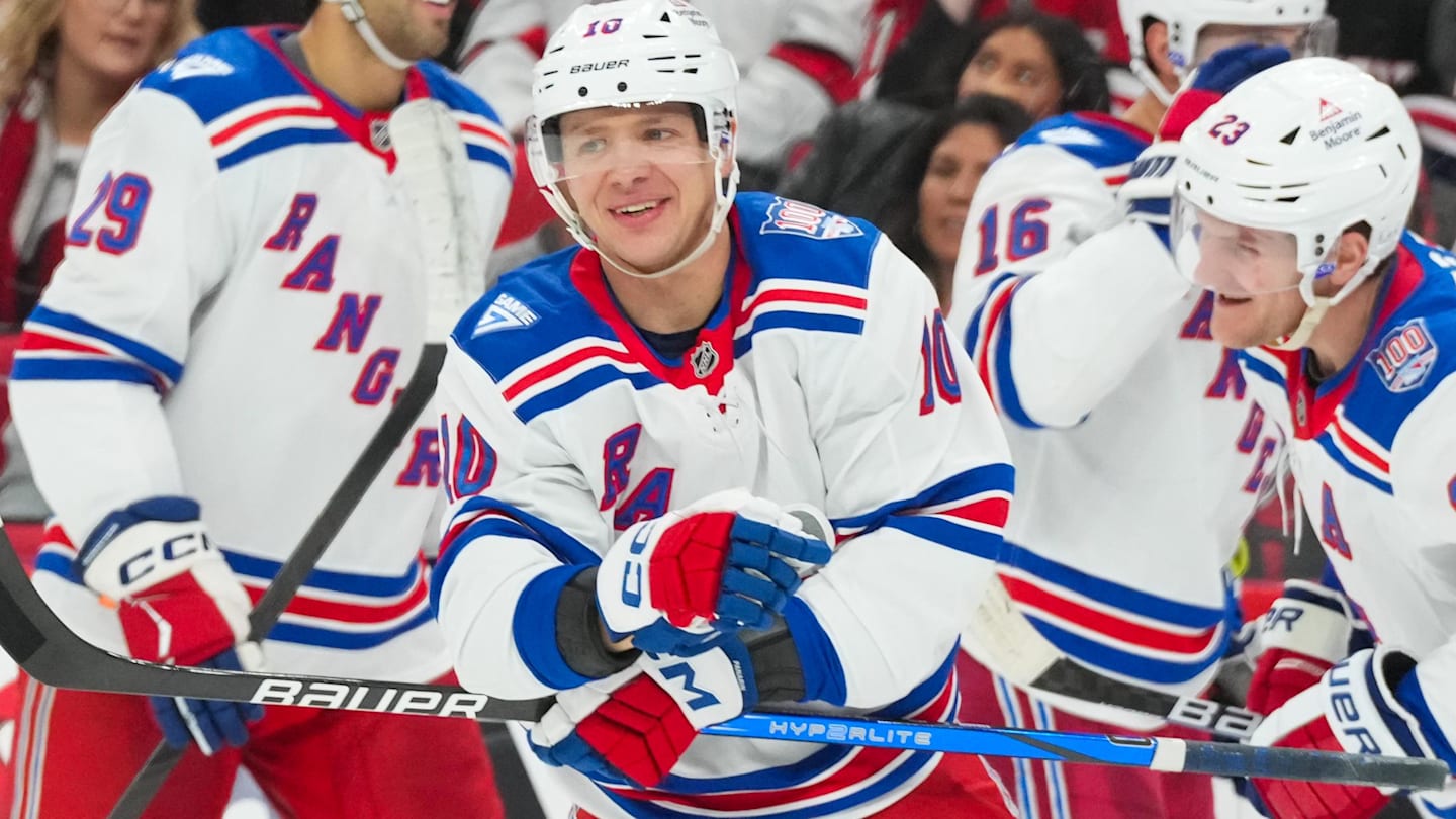 Nov 26, 2025; Raleigh, North Carolina, USA; New York Rangers left wing Artemi Panarin (10) smiles after scoring a goal against the Carolina Hurricanes during the second period at Lenovo Center. Mandatory Credit: James Guillory-Imagn Images