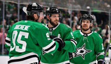 Oct 14, 2025; Dallas, Texas, USA; Dallas Stars center Matt Duchene (95) and center Tyler Seguin (91) and center Sam Steel (18) celebrate during the game between the Dallas Stars and the Minnesota Wild at American Airlines Center. Mandatory Credit: Jerome Miron-Imagn Images