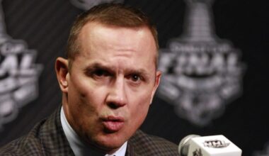 Jun 2, 2015; Tampa, FL, USA; Detroit Red Wings general manager Steve Yzerman talks with media during media day the day before the 2015 Stanley Cup Final at Amalie Arena. Mandatory Credit: Kim Klement-Imagn Images