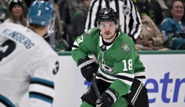 Dec 5, 2025; Dallas, Texas, USA; Dallas Stars center Sam Steel (18) skates against the San Jose Sharks during the second period at the American Airlines Center. Mandatory Credit: Jerome Miron-Imagn Images
