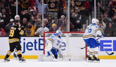 Dec 4, 2025; Boston, Massachusetts, USA; Boston Bruins center Pavel Zacha (18) (not pictured) scores a goal past St. Louis Blues goaltender Jordan Binnington (50) in the final seconds of the second period at TD Garden. Mandatory Credit: Bob DeChiara-Imagn Images
