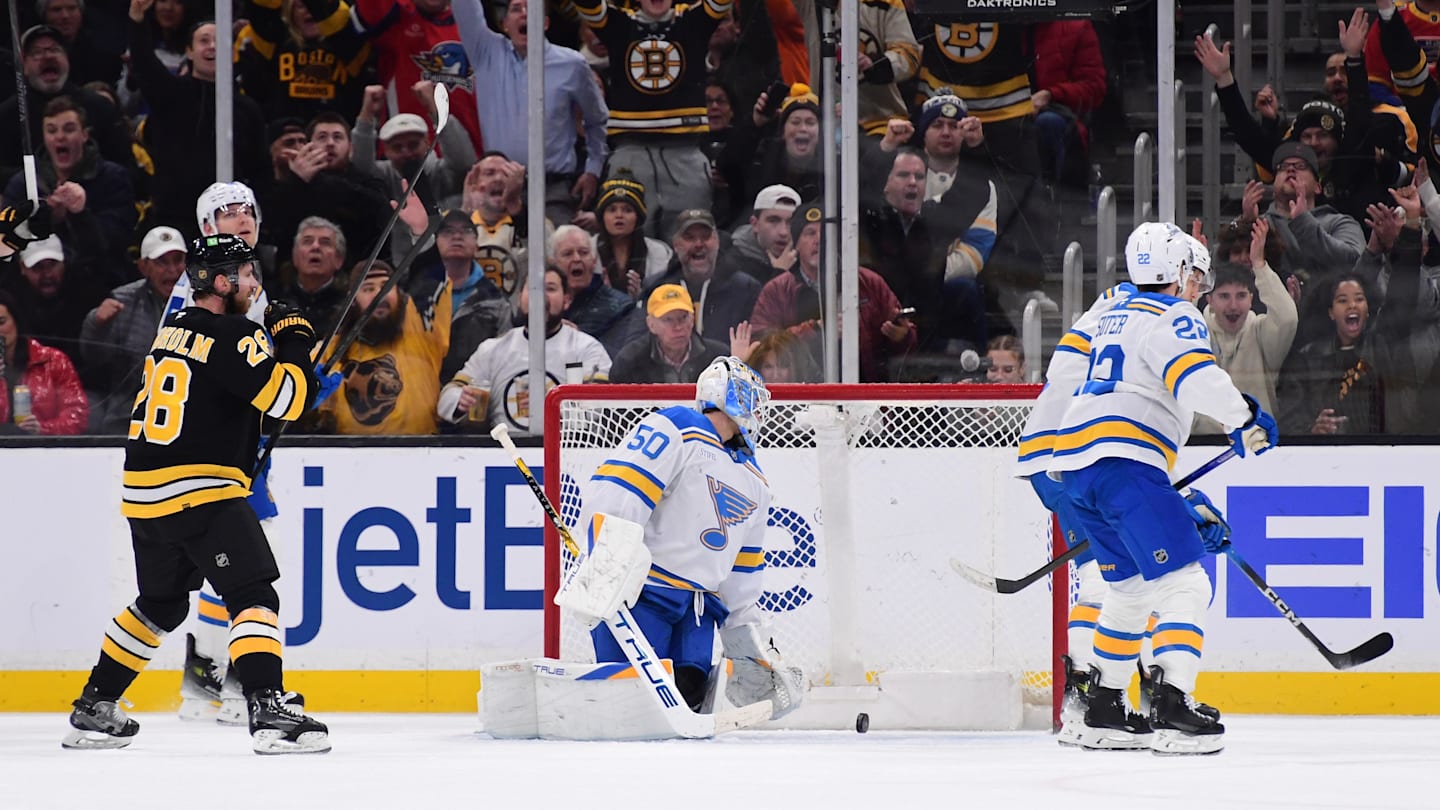 Dec 4, 2025; Boston, Massachusetts, USA; Boston Bruins center Pavel Zacha (18) (not pictured) scores a goal past St. Louis Blues goaltender Jordan Binnington (50) in the final seconds of the second period at TD Garden. Mandatory Credit: Bob DeChiara-Imagn Images