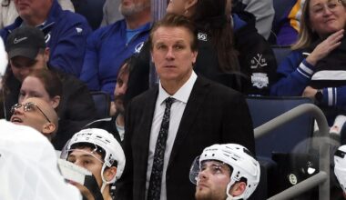 Jan 30, 2025; Tampa, Florida, USA; Los Angeles Kings head coach Jim Hiller against the Tampa Bay Lightning during the third period at Amalie Arena. Mandatory Credit: Kim Klement Neitzel-Imagn Images