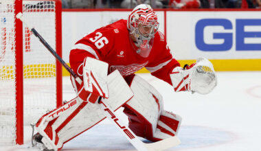 Nov 13, 2025; Detroit, Michigan, USA;  Detroit Red Wings goaltender John Gibson (36) tends goal in the first period against the Anaheim Ducks at Little Caesars Arena. Mandatory Credit: Rick Osentoski-Imagn Images