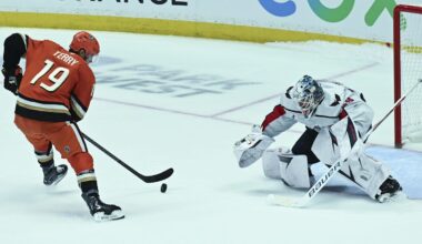 Dec 5, 2025; Anaheim, California, USA; Anaheim Ducks right wing Troy Terry (19) skates with the puck against Washington Capitals goaltender Logan Thompson (48) during the penalty shootout at Honda Center. Mandatory Credit: Griffin Hooper-Imagn Images