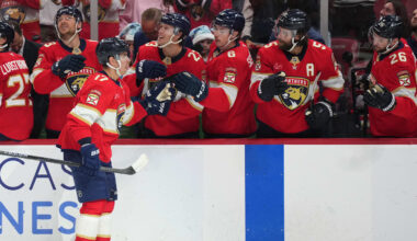 Dec 6, 2025; Sunrise, Florida, USA;  Florida Panthers center Evan Rodrigues (17) celebrates a goal against the Columbus Blue Jackets during the first period at Amerant Bank Arena. Mandatory Credit: Jim Rassol-Imagn Images