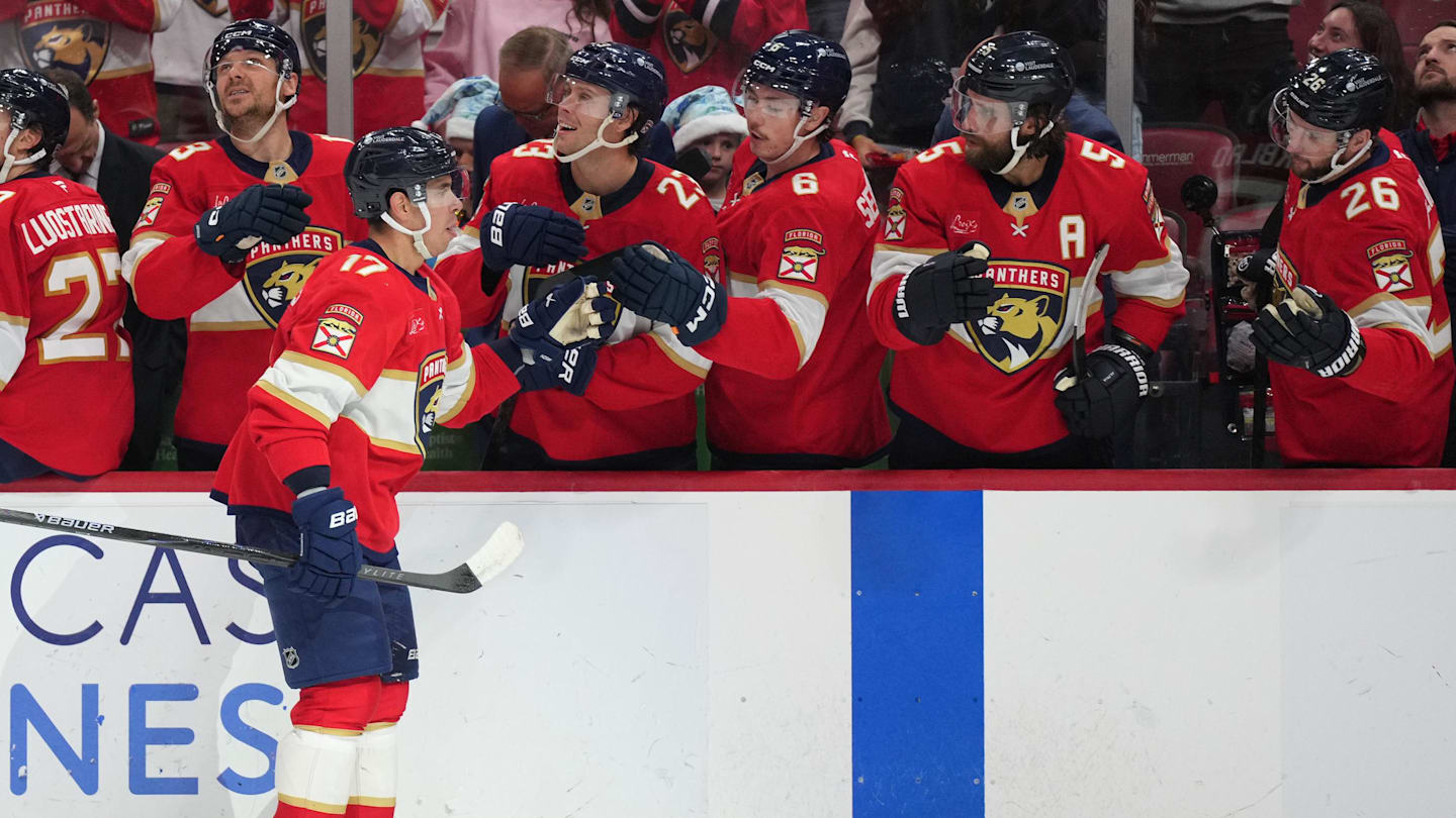 Dec 6, 2025; Sunrise, Florida, USA;  Florida Panthers center Evan Rodrigues (17) celebrates a goal against the Columbus Blue Jackets during the first period at Amerant Bank Arena. Mandatory Credit: Jim Rassol-Imagn Images