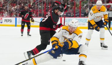 Dec 6, 2025; Raleigh, North Carolina, USA;  Carolina Hurricanes right wing Jackson Blake (53) cuts inside of Nashville Predators defenseman Brady Skjei (76) during the first period at Lenovo Center. Mandatory Credit: James Guillory-Imagn Images