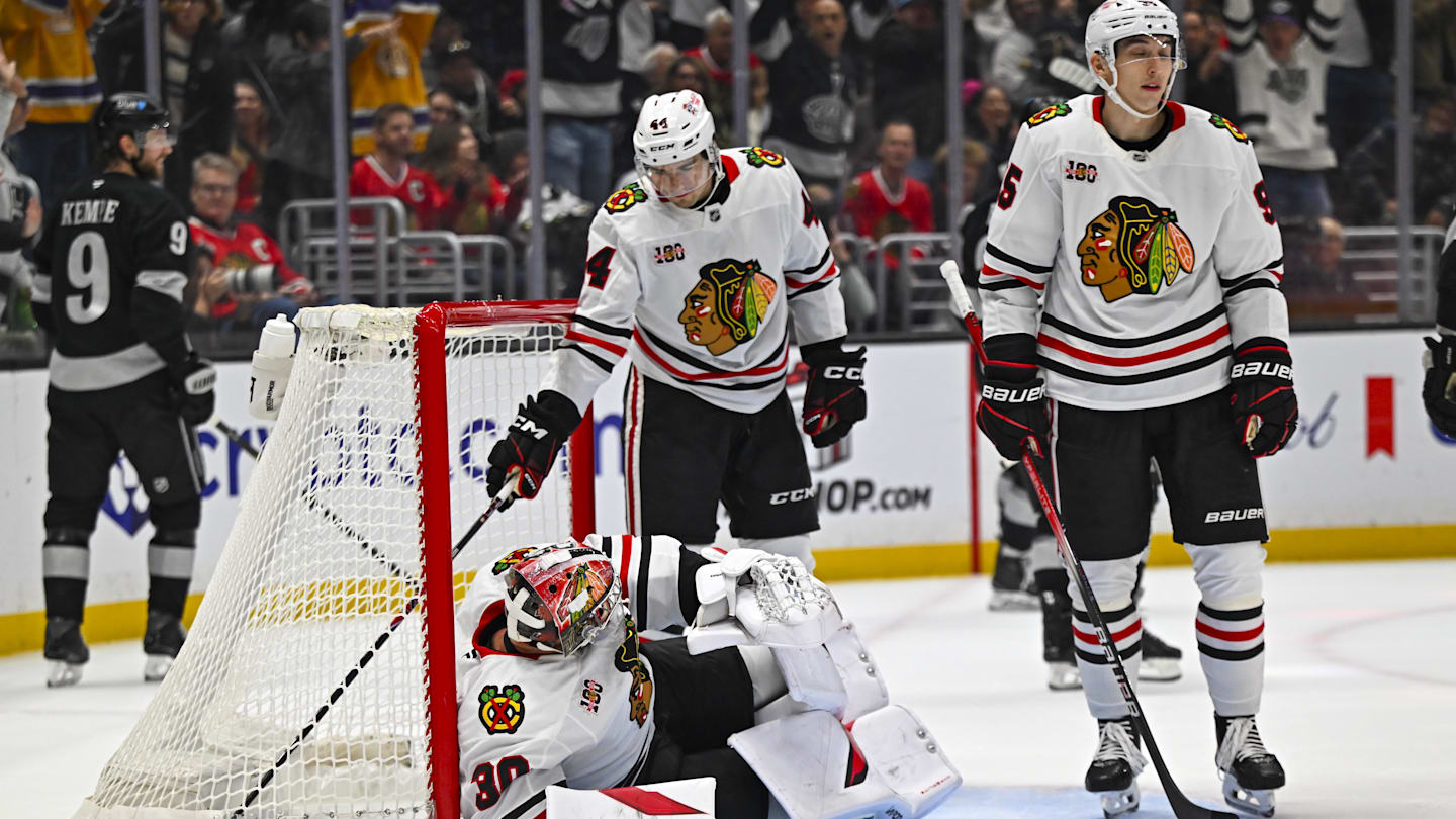 Dec 6, 2025; Los Angeles, California, USA; Chicago Blackhawks goaltender Spencer Knight (30), defenseman Wyatt Kaiser (44), and right wing Ilya Mikheyev (95) react after failing to defend a goal against the Los Angeles Kings during the second period at Crypto.com Arena. Mandatory Credit: Jonathan Hui-Imagn Images