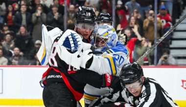 Dec 6, 2025; Ottawa, Ontario, CAN; St. Louis Blues goalie Joel Hofer (30) fights against Ottawa Senators center Tim Stutzle (18) during the third period at Canadian Tire Centre. Mandatory Credit: David Kirouac-Imagn Images