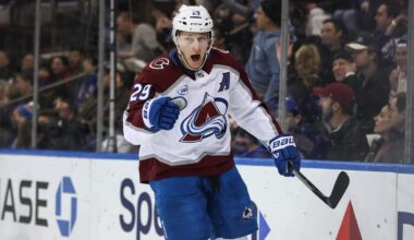 Dec 6, 2025; New York, New York, USA;  Colorado Avalanche center Nathan MacKinnon (29) celebrates after scoring a goal in the third period against the New York Rangers at Madison Square Garden. Mandatory Credit: Wendell Cruz-Imagn Images