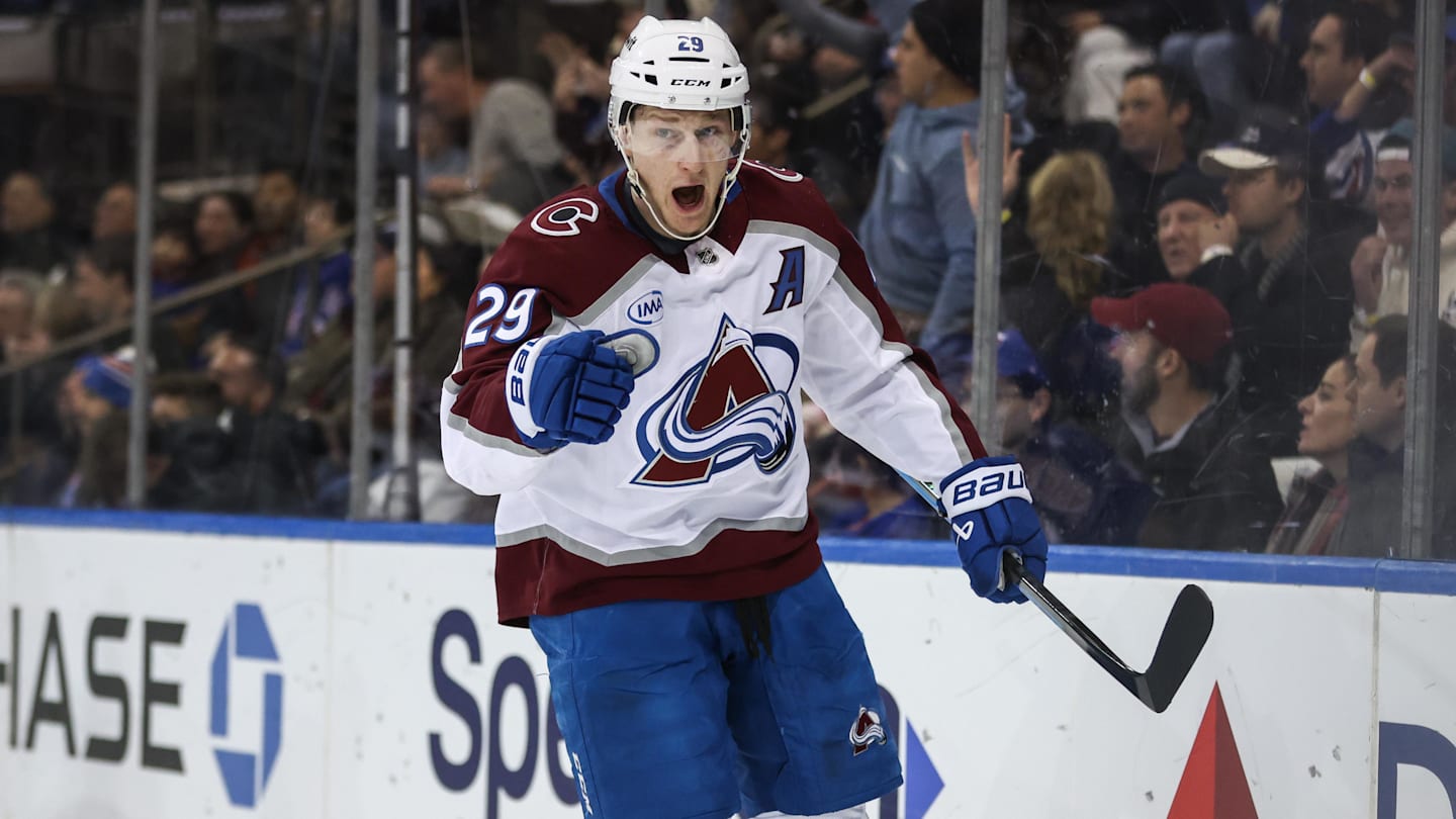 Dec 6, 2025; New York, New York, USA;  Colorado Avalanche center Nathan MacKinnon (29) celebrates after scoring a goal in the third period against the New York Rangers at Madison Square Garden. Mandatory Credit: Wendell Cruz-Imagn Images