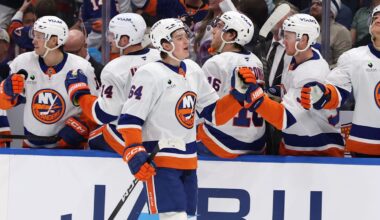 Dec 6, 2025; Tampa, Florida, USA; New York Islanders center Calum Ritchie (64) is congratulated after he scored a goal against the Tampa Bay Lightning during the third period at Benchmark International Arena. Mandatory Credit: Kim Klement Neitzel-Imagn Images