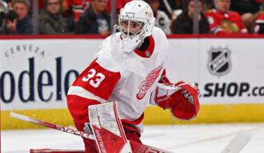 Oct 1, 2022; Chicago, Illinois, USA;  Detroit Red Wings goaltender Sebastian Cossa (33) defends the net against the Chicago Blackhawks at United Center. Mandatory Credit: Jamie Sabau-Imagn Images