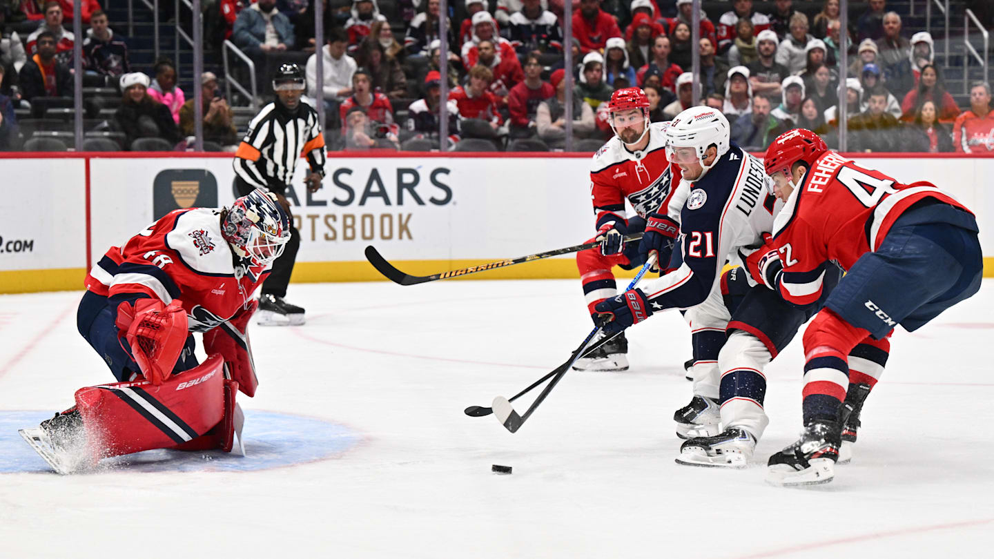 Blue Jackets forward Isac Lundestrom attempts to score against Capitals goalie Logan Thompson.