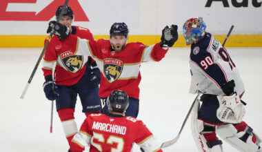 Dec 6, 2025; Sunrise, Florida, USA;  Florida Panthers center Sam Bennett (9) celebrates the winning goal in overtime against the Columbus Blue Jackets with left wing Brad Marchand (63) and center Evan Rodrigues (17) as Columbus Blue Jackets goaltender Elvis Merzlikins (90) leave the ice at Amerant Bank Arena. Mandatory Credit: Jim Rassol-Imagn Images