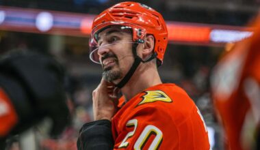 Nov 22, 2025; Anaheim, California, USA;  Anaheim Ducks left wing Chris Kreider (20) warms up before the game against the Vegas Golden Knights at Honda Center. Mandatory Credit: Corinne Votaw-Imagn Images