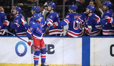 Dec 6, 2025; New York, New York, USA;  New York Rangers left wing Artemi Panarin (10) celebrates with his teammates after scoring a goal in the third period against the Colorado Avalanche at Madison Square Garden. Mandatory Credit: Wendell Cruz-Imagn Images