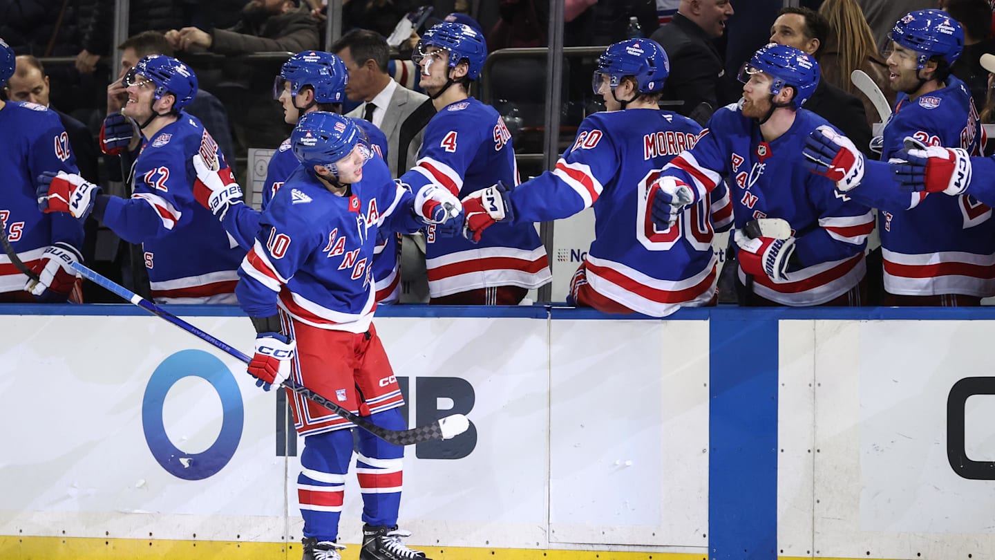 Dec 6, 2025; New York, New York, USA;  New York Rangers left wing Artemi Panarin (10) celebrates with his teammates after scoring a goal in the third period against the Colorado Avalanche at Madison Square Garden. Mandatory Credit: Wendell Cruz-Imagn Images