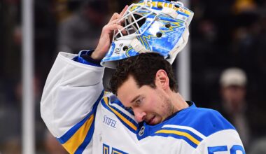 Dec 4, 2025; Boston, Massachusetts, USA; St. Louis Blues goaltender Jordan Binnington (50) slips on his goalie mask during the third period against the Boston Bruins at TD Garden. Mandatory Credit: Bob DeChiara-Imagn Images