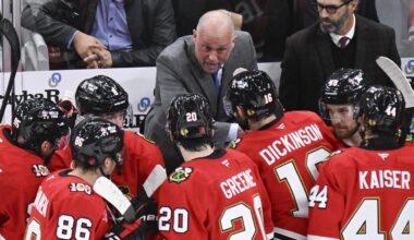 Oct 17, 2025; Chicago, Illinois, USA;  Chicago Blackhawks head coach Jeff Blashill talks with the team during the third period against the Vancouver Canucks at the United Center. Mandatory Credit: Matt Marton-Imagn Images