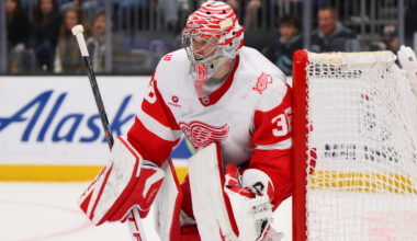 Dec 6, 2025; Seattle, Washington, USA; Detroit Red Wings goaltender John Gibson (36) defends the goal against the Seattle Kraken during the second period at Climate Pledge Arena. Mandatory Credit: Steven Bisig-Imagn Images