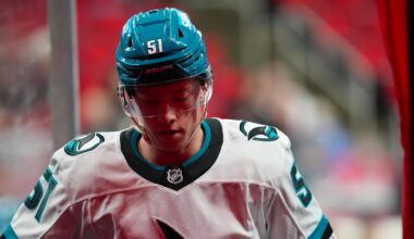 Dec 7, 2025; Raleigh, North Carolina, USA;  San Jose Sharks right wing Collin Graf (51) comes off the ice after the warmups before the game against the Carolina Hurricanes at Lenovo Center. Mandatory Credit: James Guillory-Imagn Images