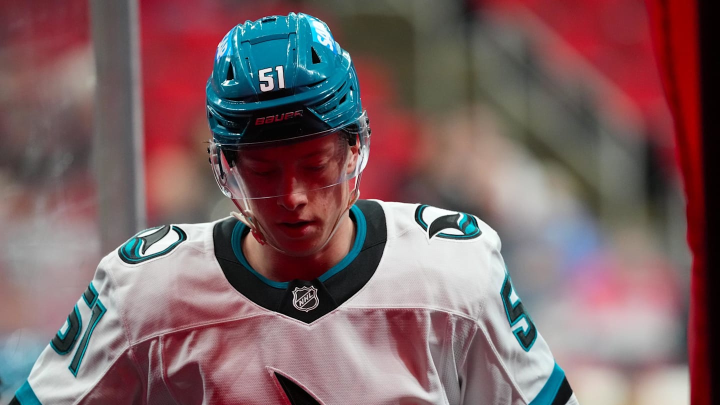 Dec 7, 2025; Raleigh, North Carolina, USA;  San Jose Sharks right wing Collin Graf (51) comes off the ice after the warmups before the game against the Carolina Hurricanes at Lenovo Center. Mandatory Credit: James Guillory-Imagn Images