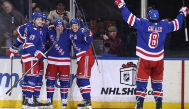 Dec 6, 2025; New York, New York, USA;  New York Rangers left wing Conor Sheary (43) celebrates after scoring a goal in the third period at Madison Square Garden. Mandatory Credit: Wendell Cruz-Imagn Images