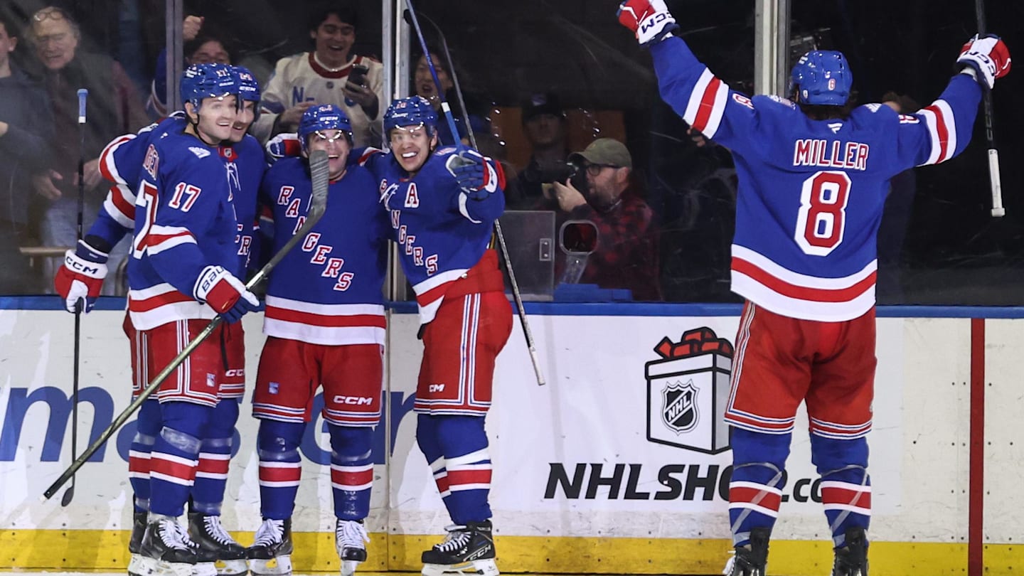 Dec 6, 2025; New York, New York, USA;  New York Rangers left wing Conor Sheary (43) celebrates after scoring a goal in the third period at Madison Square Garden. Mandatory Credit: Wendell Cruz-Imagn Images