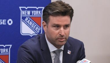 NY Rangers president and general manager Chris Drury speaks during a press conference to introduce new head coach Mike Sullivan at the MSG Training Center in Tarrytown, New York May 8, 2025.
