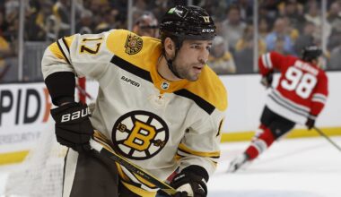 Oct 11, 2023; Boston, Massachusetts, USA; Boston Bruins left wing Milan Lucic (17) during the second period against the Chicago Blackhawks at TD Garden. Mandatory Credit: Winslow Townson-Imagn Images