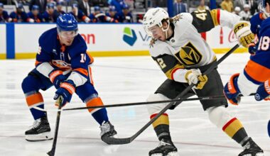 Islanders center Bo Horvat defends against Golden Knights right wing Braeden Bowman during during the third period at UBS Arena
