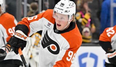 Sep 29, 2025; Boston, Massachusetts, USA;  Philadelphia Flyers defenseman Ty Murchison (96) warms up before a game against the Boston Bruins at TD Garden. Mandatory Credit: Eric Canha-Imagn Images