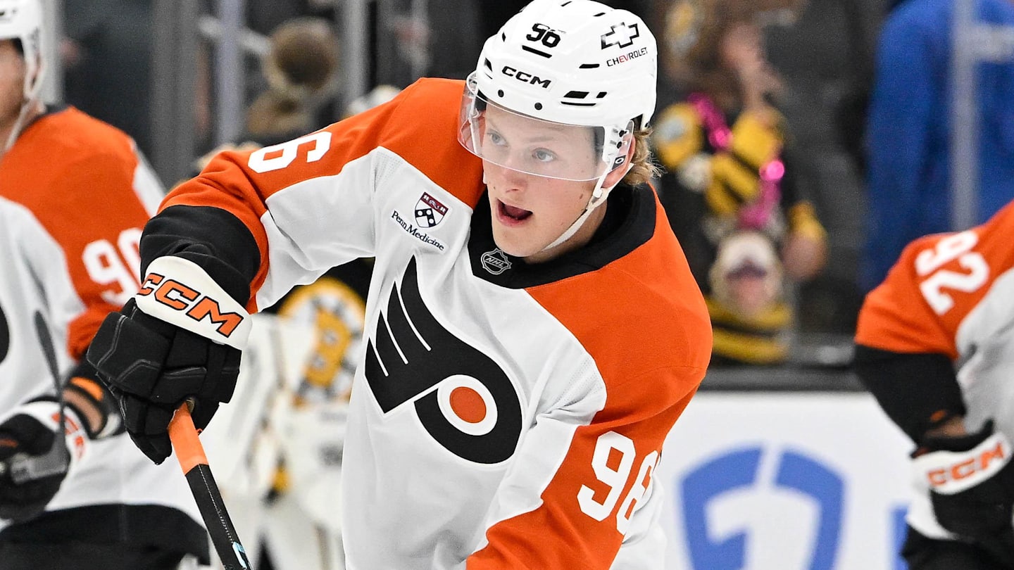 Sep 29, 2025; Boston, Massachusetts, USA;  Philadelphia Flyers defenseman Ty Murchison (96) warms up before a game against the Boston Bruins at TD Garden. Mandatory Credit: Eric Canha-Imagn Images
