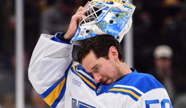 Dec 4, 2025; Boston, Massachusetts, USA; St. Louis Blues goaltender Jordan Binnington (50) slips on his goalie mask during the third period against the Boston Bruins at TD Garden. Mandatory Credit: Bob DeChiara-Imagn Images