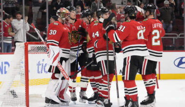 Dec 10, 2025; Chicago, Illinois, USA; The Chicago Blackhawks celebrate their win against the New York Rangers at United Center. Mandatory Credit: David Banks-Imagn Images